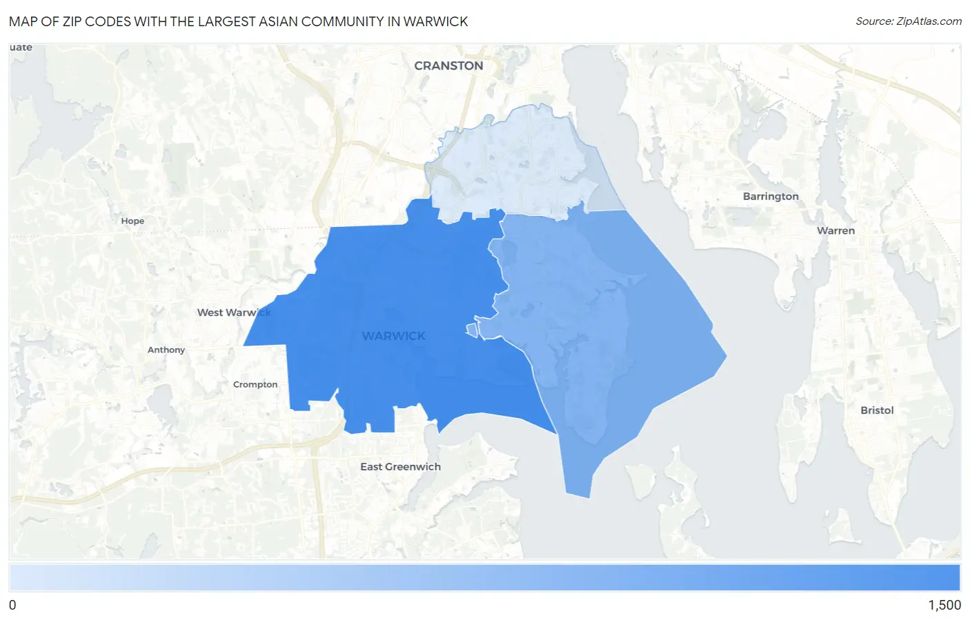 Zip Codes with the Largest Asian Community in Warwick Map