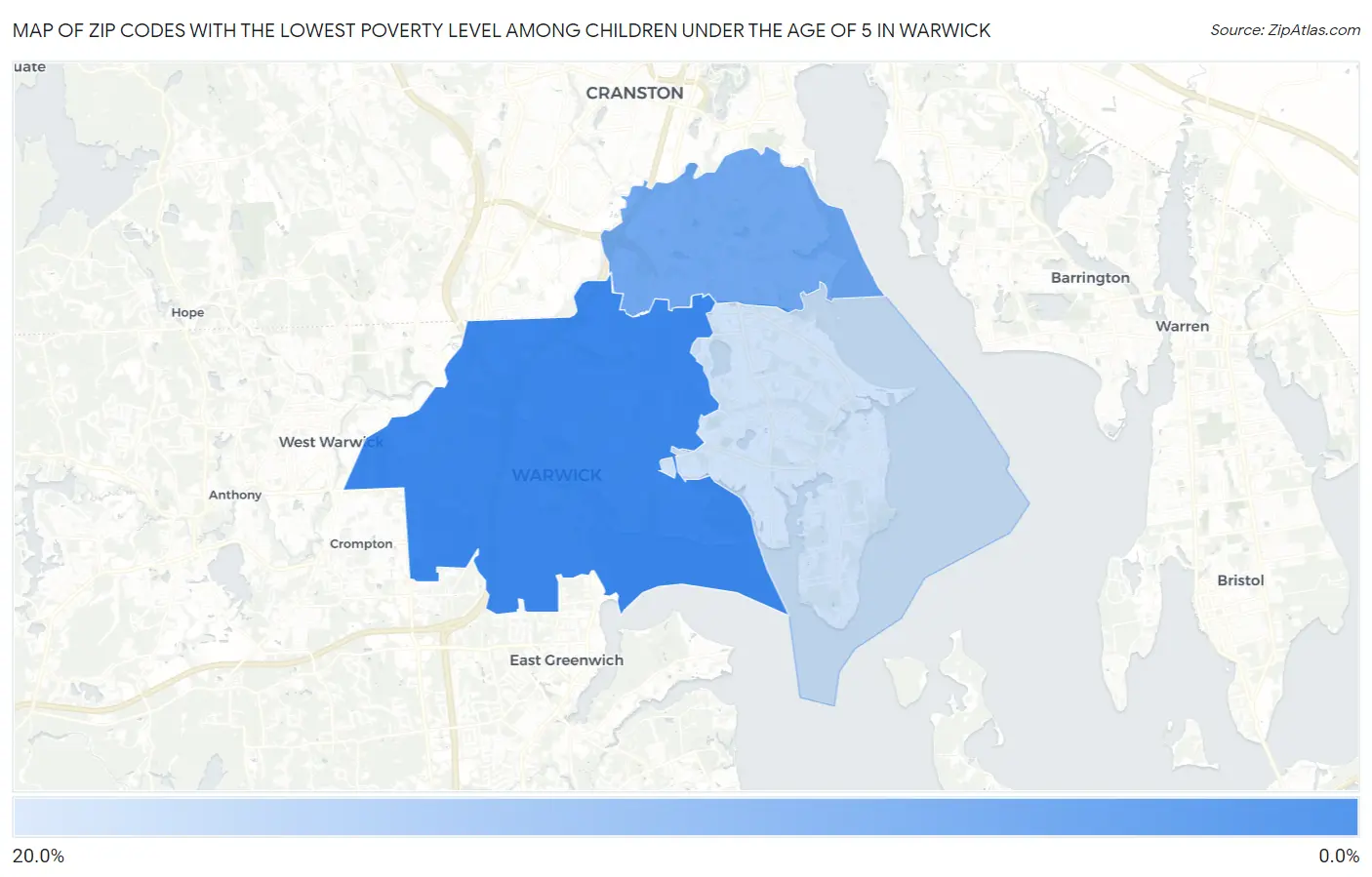 Zip Codes with the Lowest Poverty Level Among Children Under the Age of 5 in Warwick Map