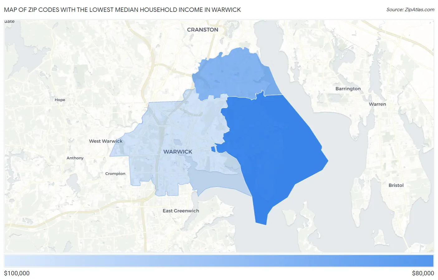 Zip Codes with the Lowest Median Household Income in Warwick Map