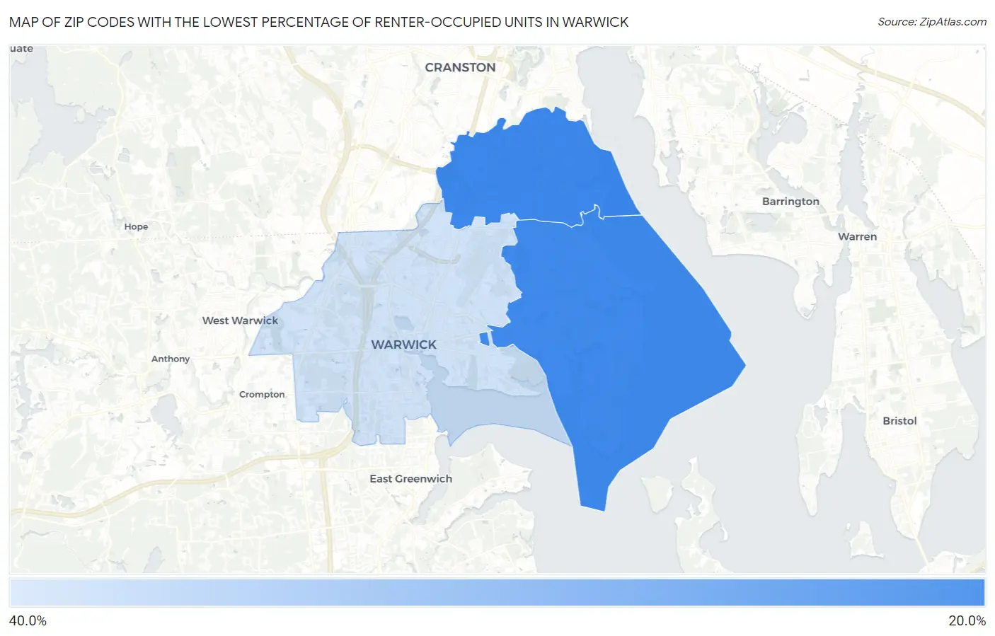 Zip Codes with the Lowest Percentage of Renter-Occupied Units in Warwick Map