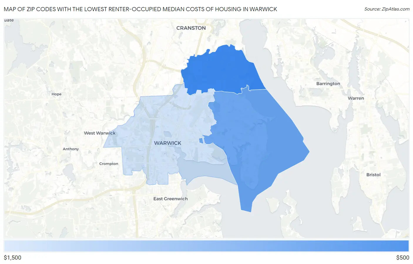 Zip Codes with the Lowest Renter-Occupied Median Costs of Housing in Warwick Map