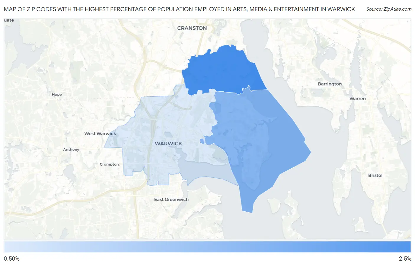Zip Codes with the Highest Percentage of Population Employed in Arts, Media & Entertainment in Warwick Map