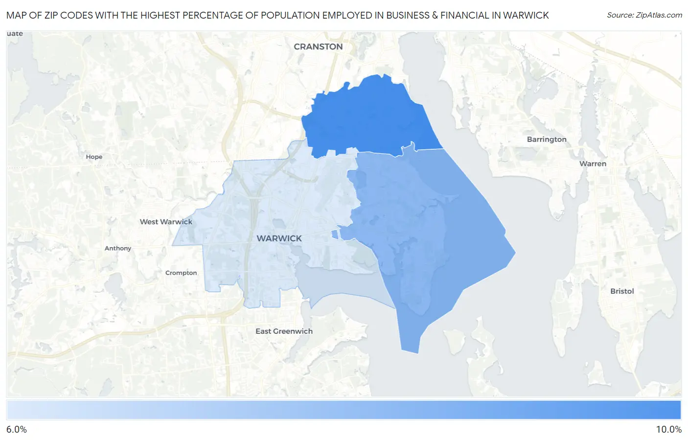Zip Codes with the Highest Percentage of Population Employed in Business & Financial in Warwick Map
