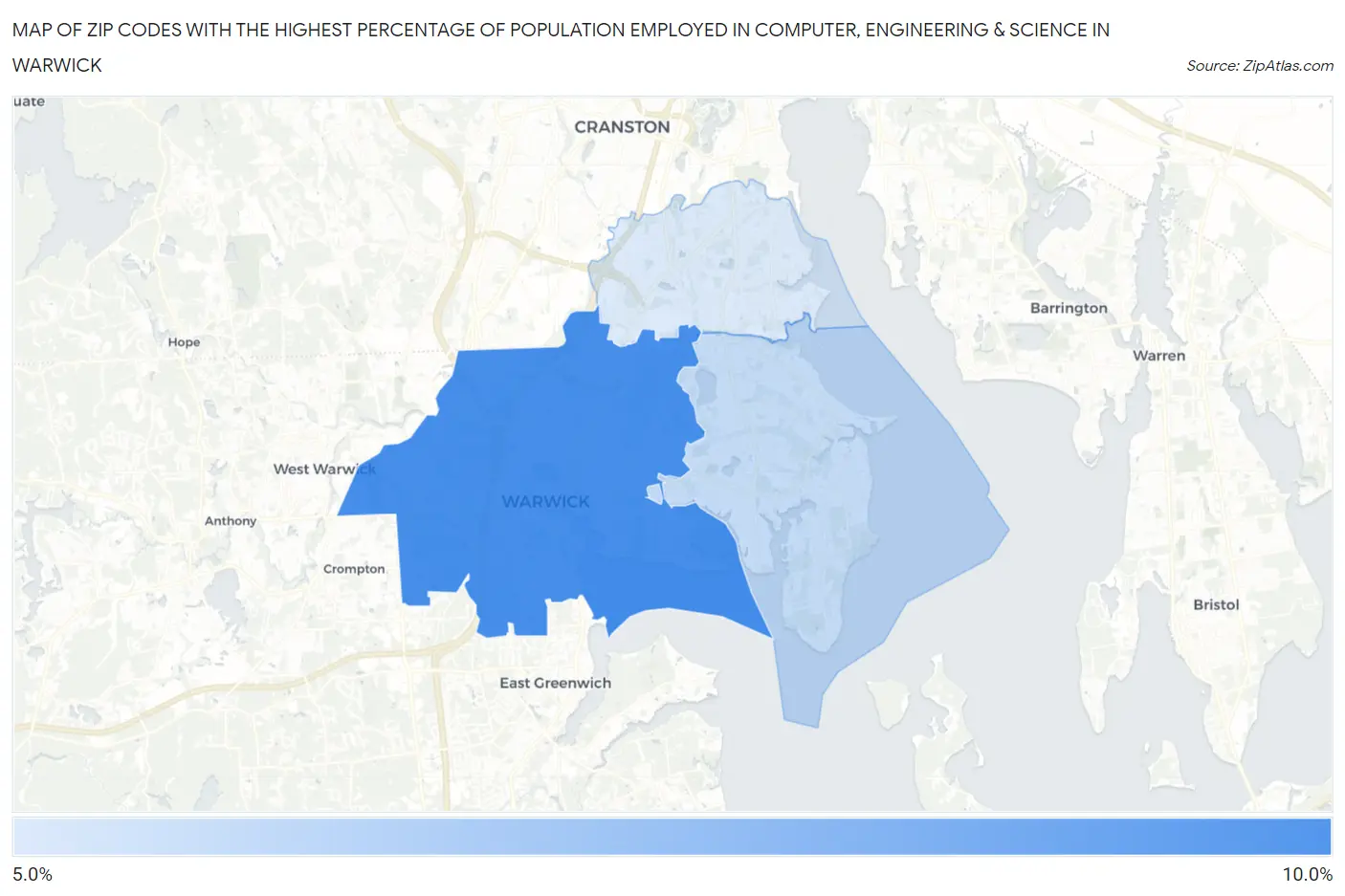 Zip Codes with the Highest Percentage of Population Employed in Computer, Engineering & Science in Warwick Map