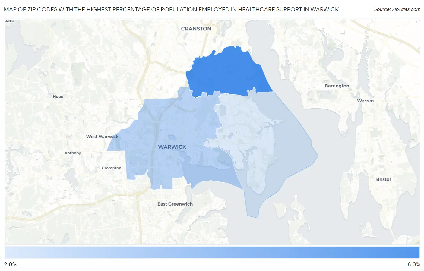Zip Codes with the Highest Percentage of Population Employed in Healthcare Support in Warwick Map