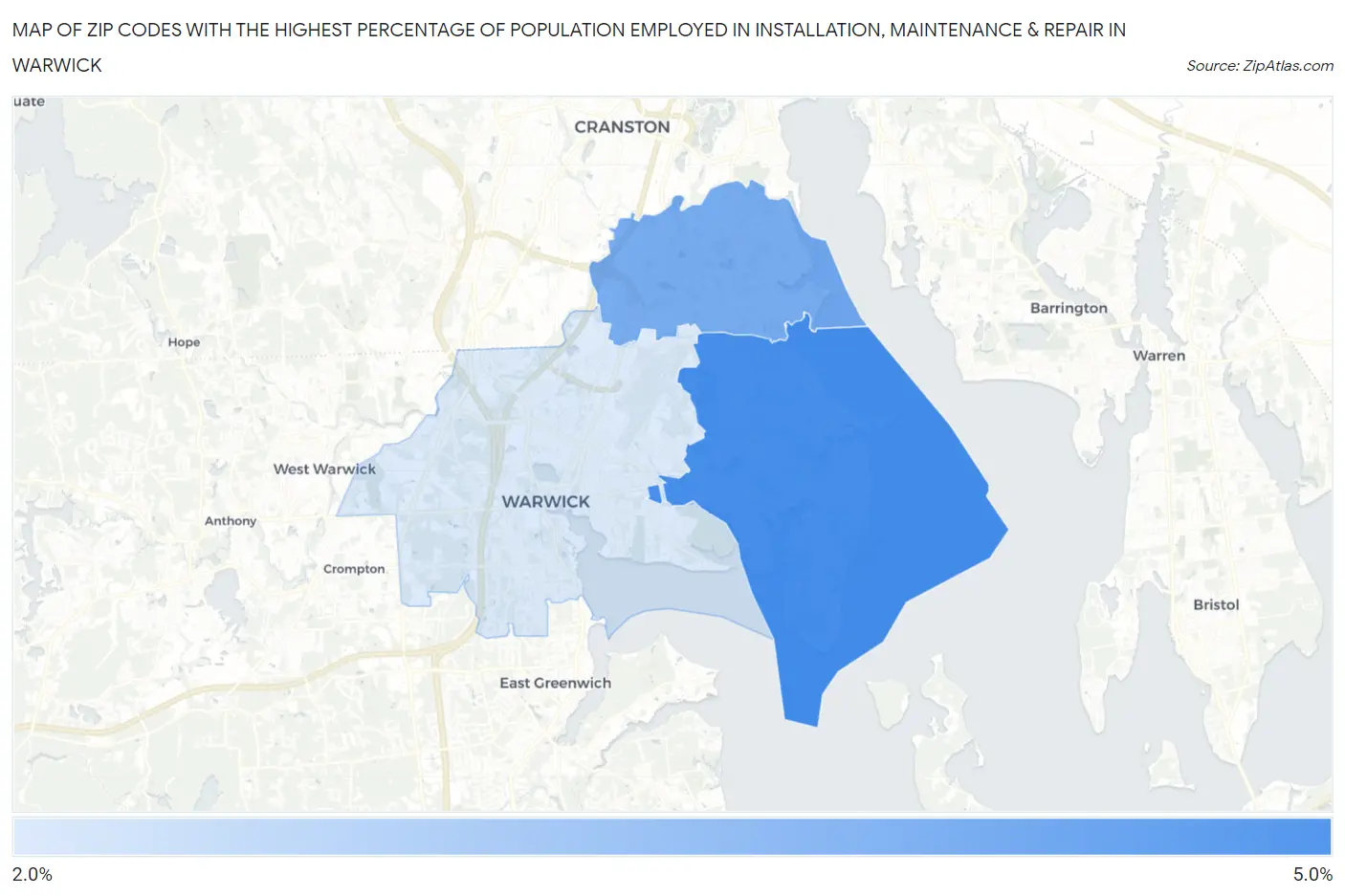 Zip Codes with the Highest Percentage of Population Employed in Installation, Maintenance & Repair in Warwick Map
