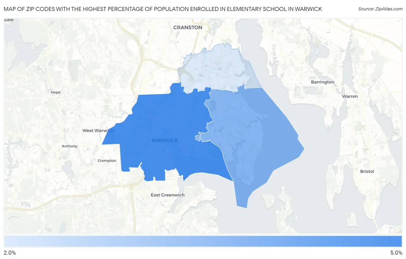 Zip Codes with the Highest Percentage of Population Enrolled in Elementary School in Warwick Map