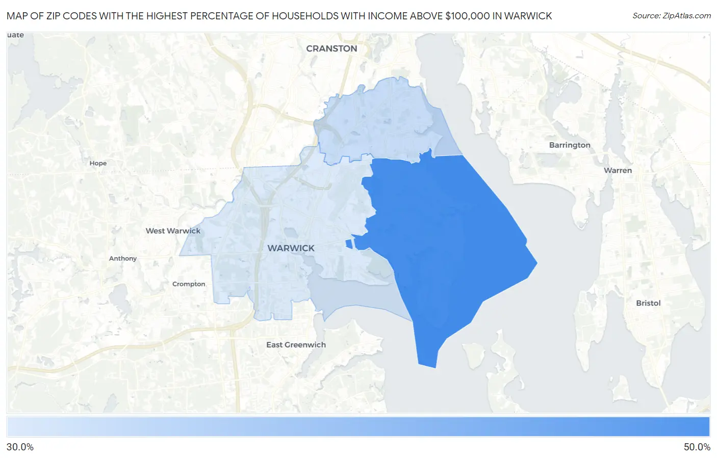 Zip Codes with the Highest Percentage of Households with Income Above $100,000 in Warwick Map