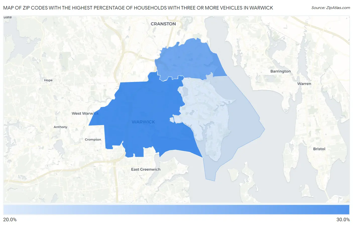 Zip Codes with the Highest Percentage of Households With Three or more Vehicles in Warwick Map