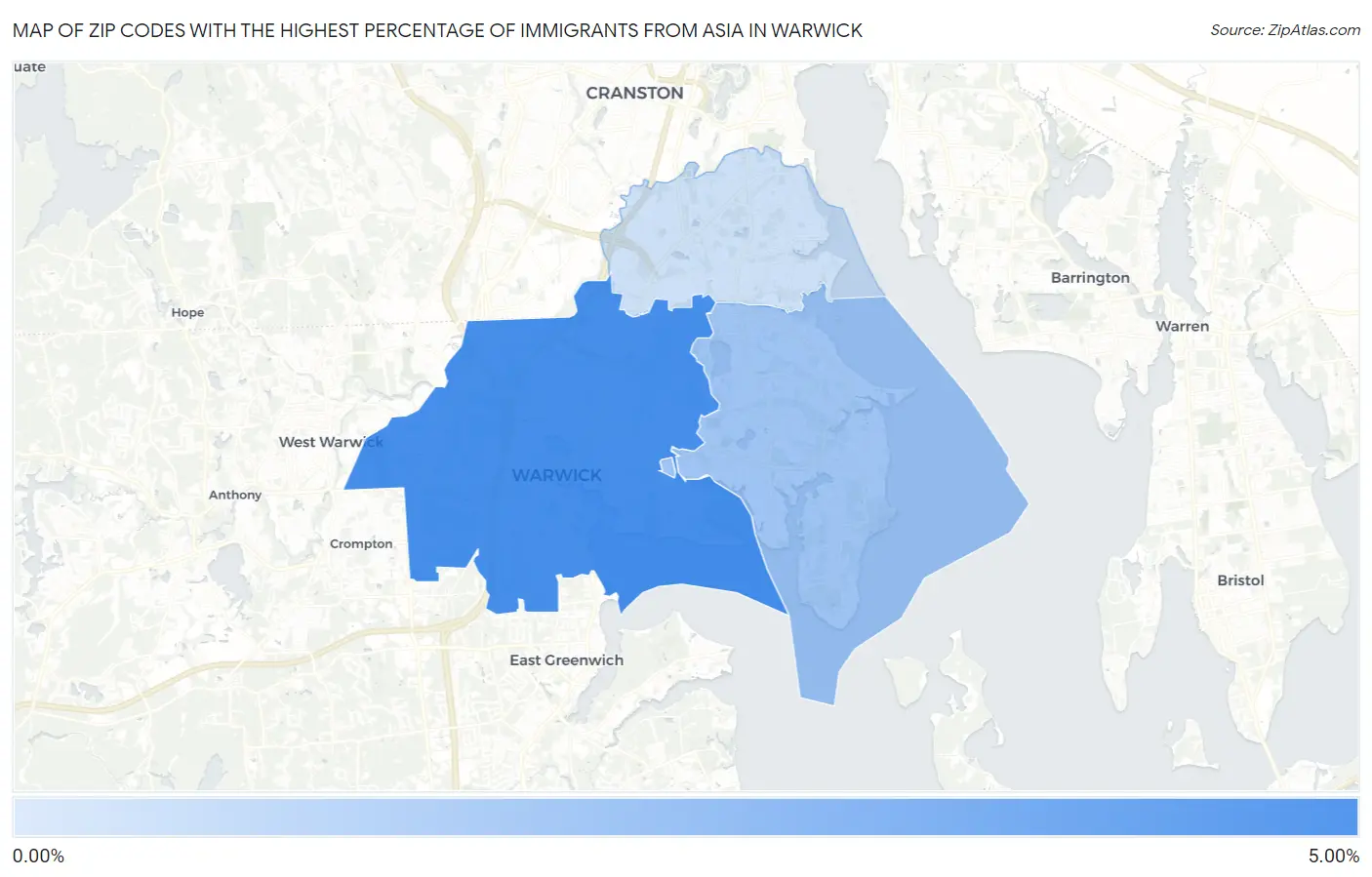 Zip Codes with the Highest Percentage of Immigrants from Asia in Warwick Map