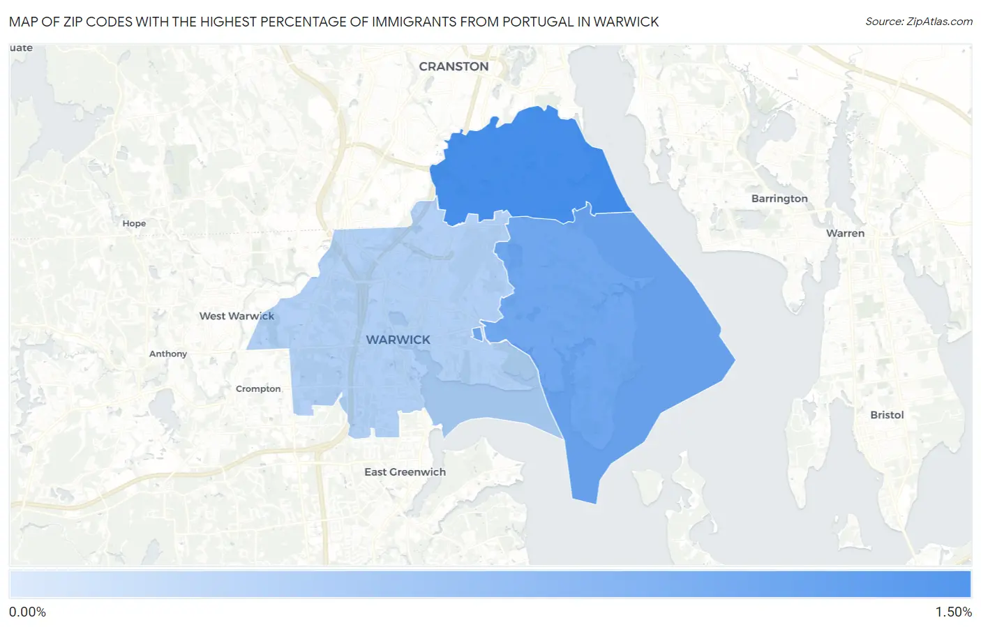 Zip Codes with the Highest Percentage of Immigrants from Portugal in Warwick Map