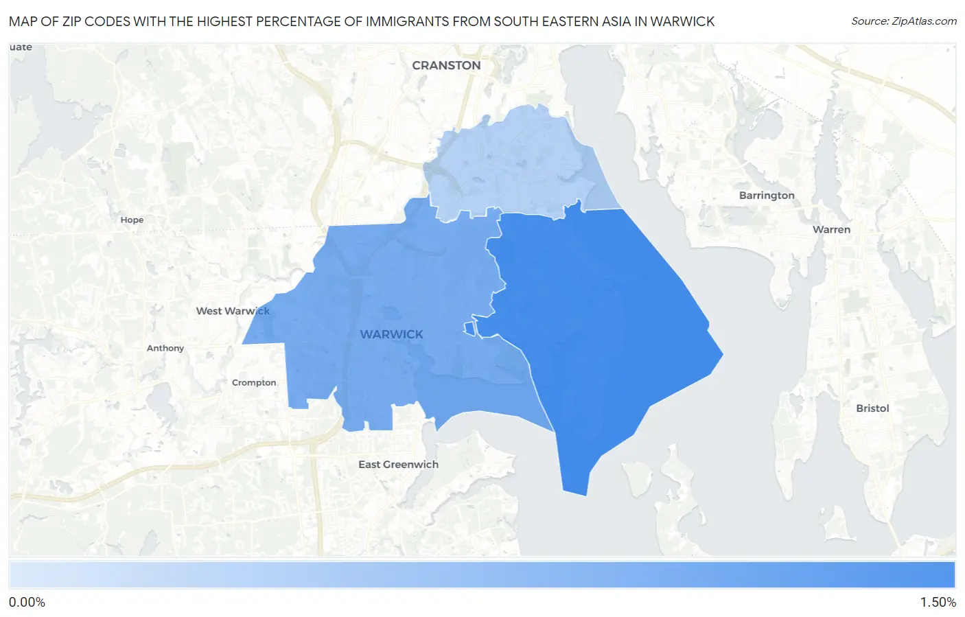 Zip Codes with the Highest Percentage of Immigrants from South Eastern Asia in Warwick Map