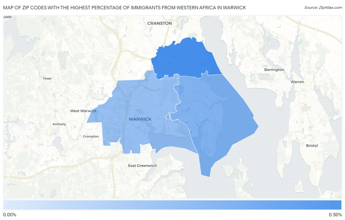 Zip Codes with the Highest Percentage of Immigrants from Western Africa in Warwick Map