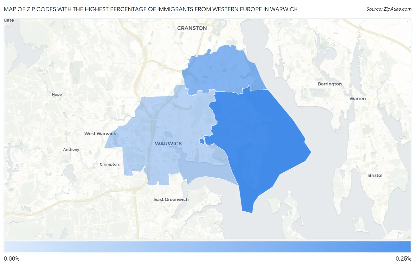Zip Codes with the Highest Percentage of Immigrants from Western Europe in Warwick Map