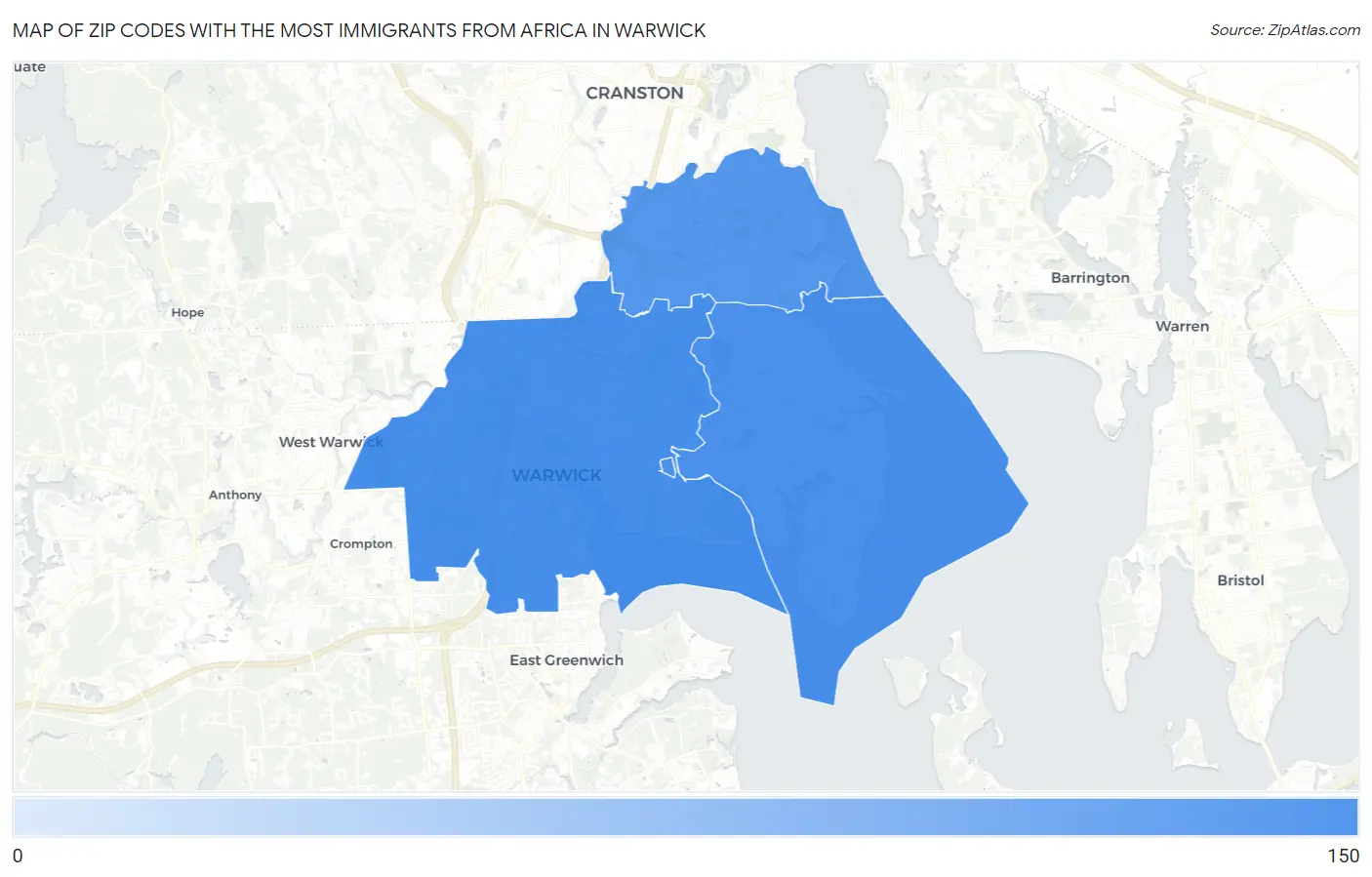 Zip Codes with the Most Immigrants from Africa in Warwick Map