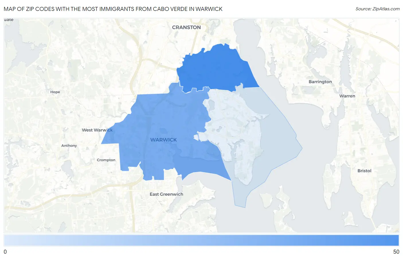 Zip Codes with the Most Immigrants from Cabo Verde in Warwick Map