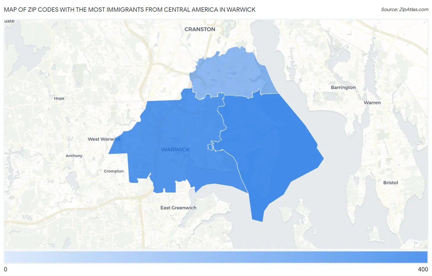 Zip Codes with the Most Immigrants from Central America in Warwick Map
