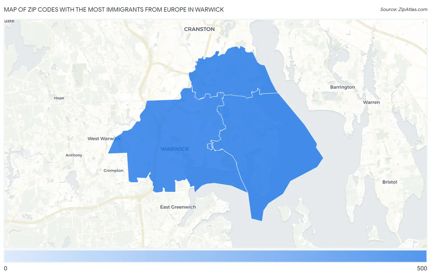 Zip Codes with the Most Immigrants from Europe in Warwick Map