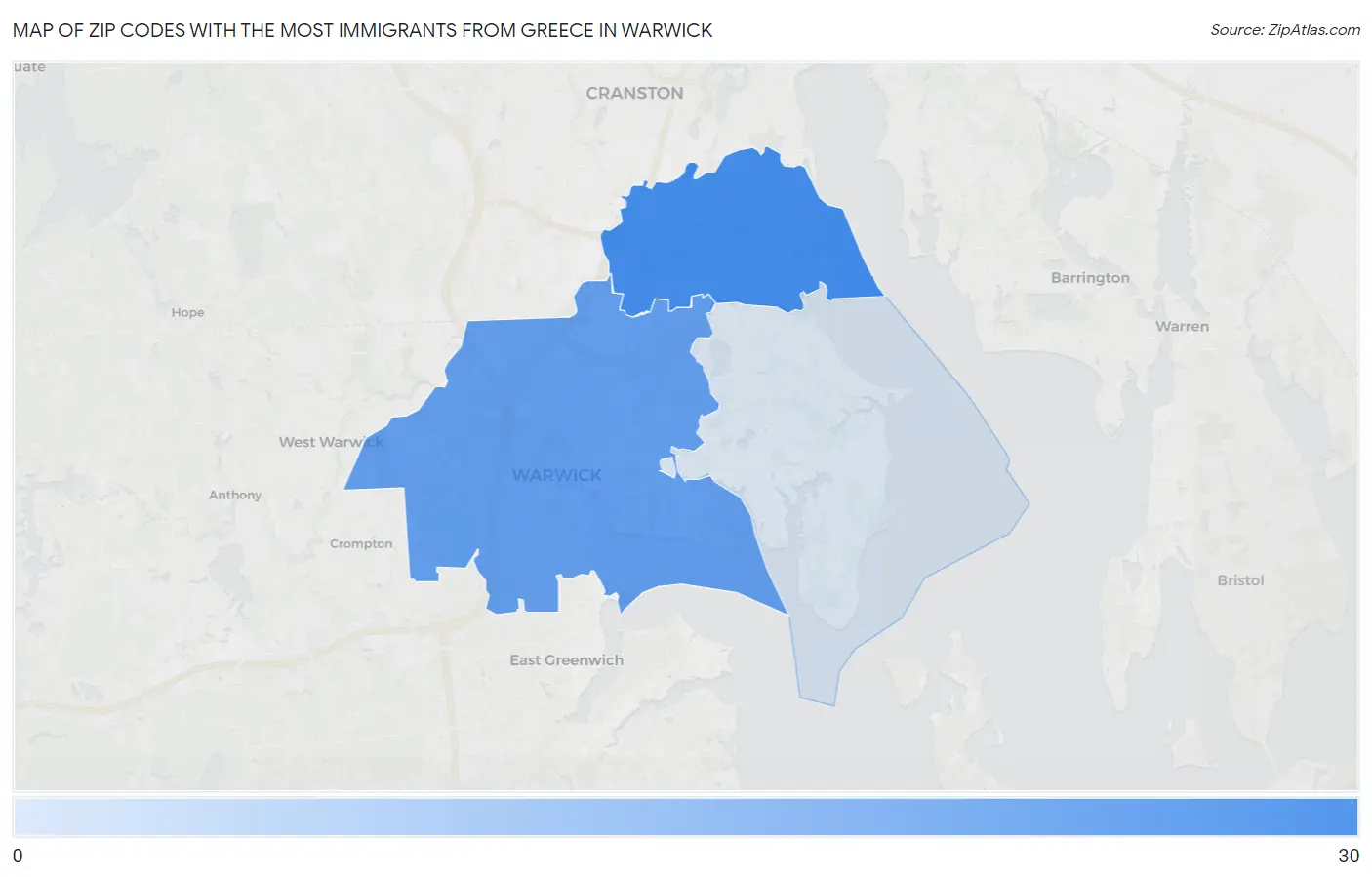 Zip Codes with the Most Immigrants from Greece in Warwick Map