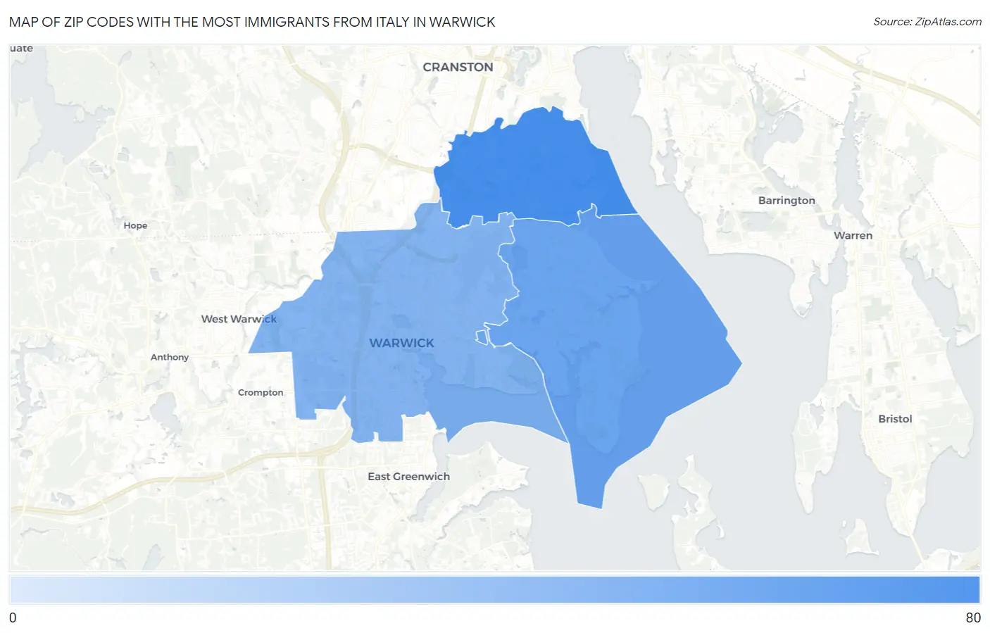 Zip Codes with the Most Immigrants from Italy in Warwick Map