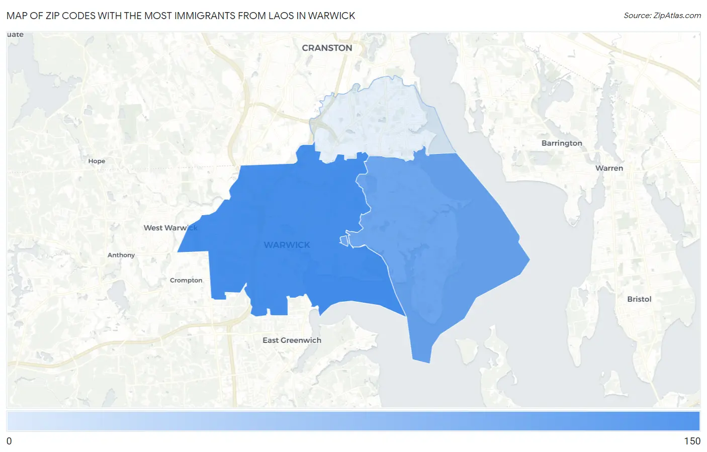 Zip Codes with the Most Immigrants from Laos in Warwick Map