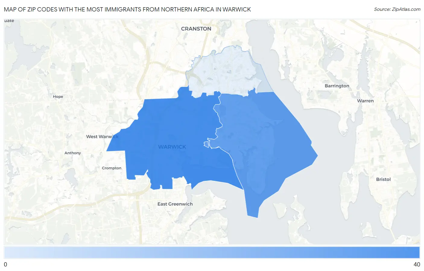 Zip Codes with the Most Immigrants from Northern Africa in Warwick Map