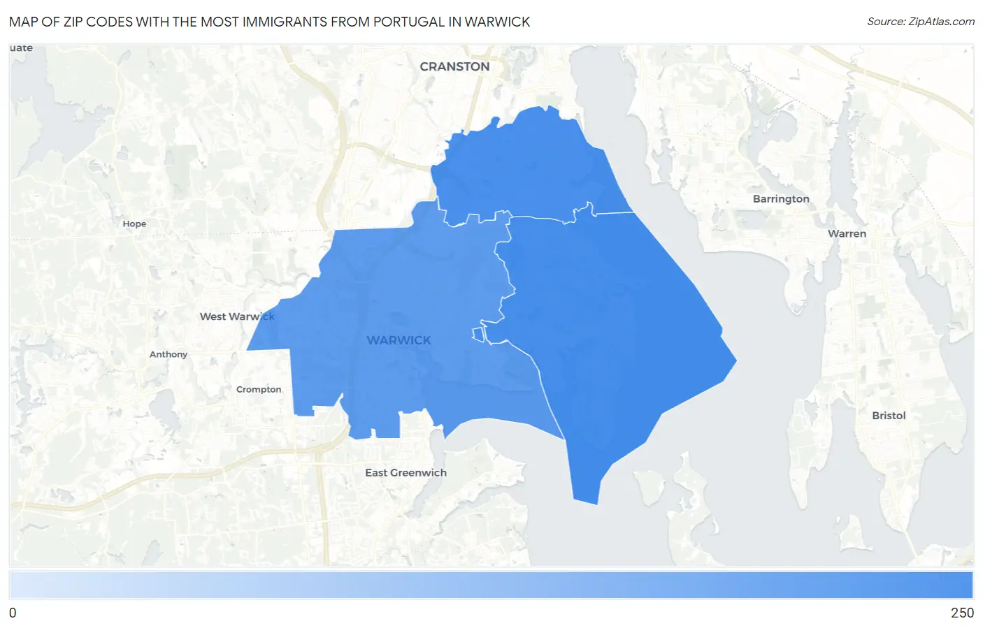 Zip Codes with the Most Immigrants from Portugal in Warwick Map