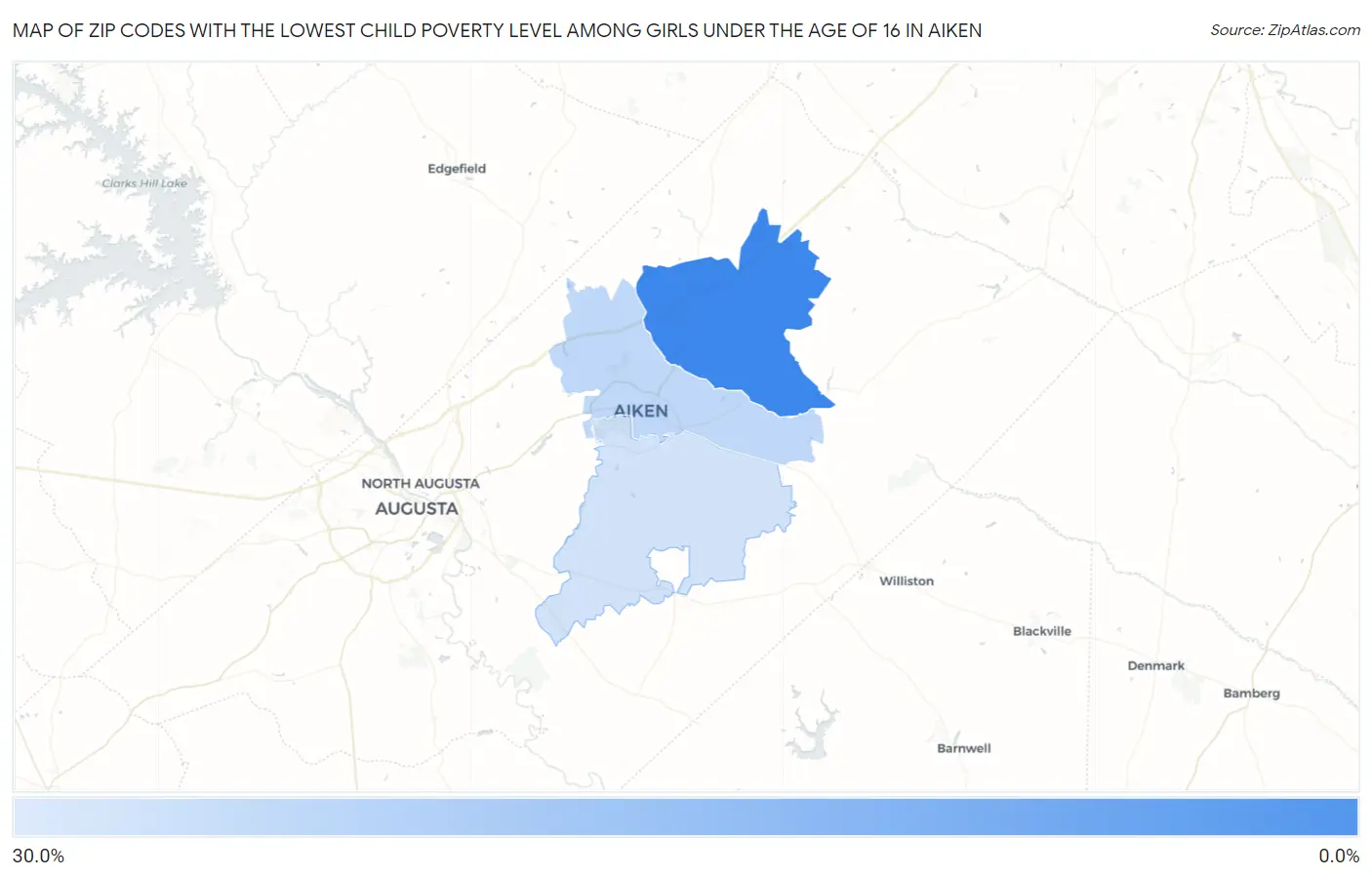 Zip Codes with the Lowest Child Poverty Level Among Girls Under the Age of 16 in Aiken Map