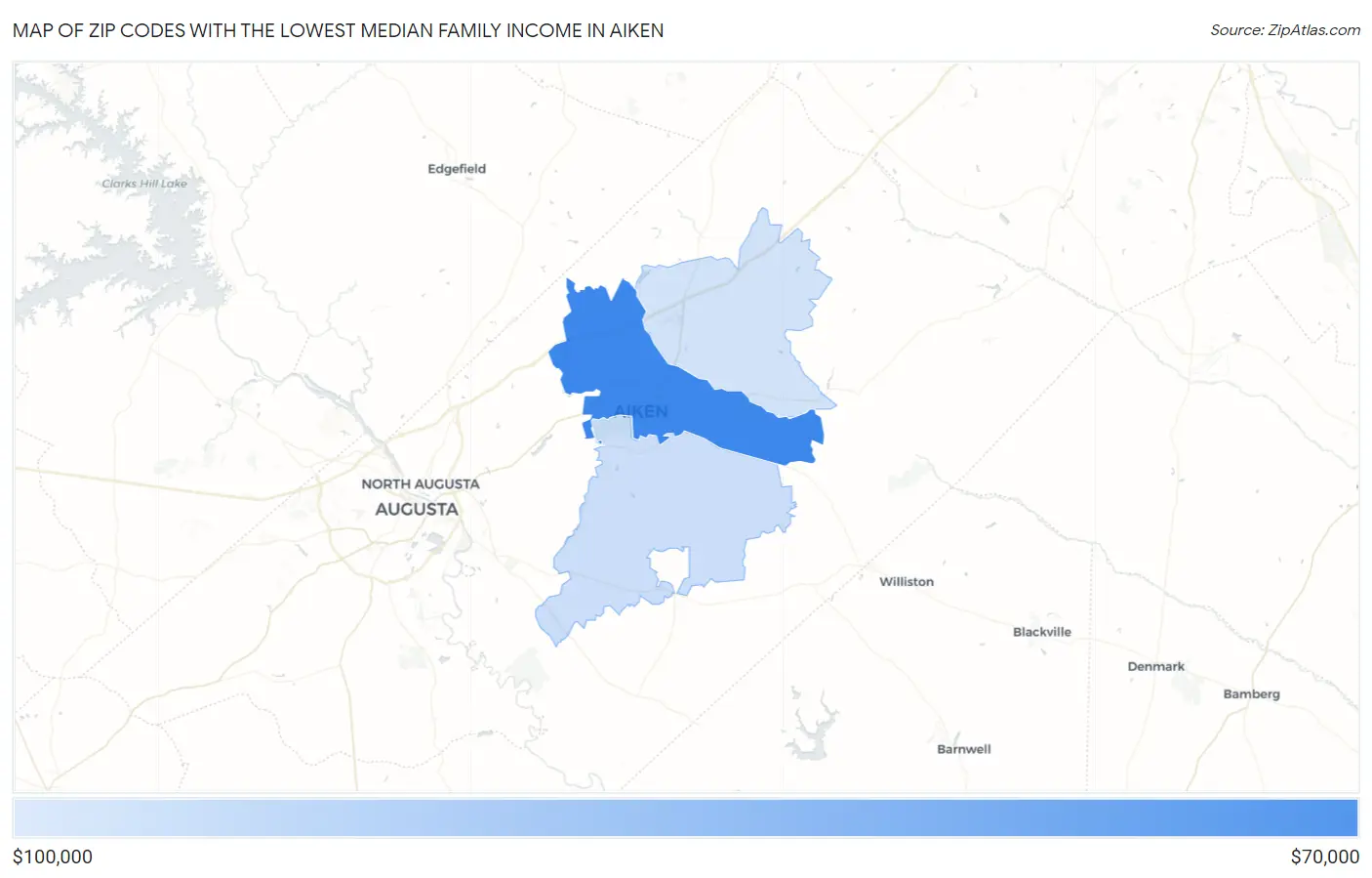 Zip Codes with the Lowest Median Family Income in Aiken Map