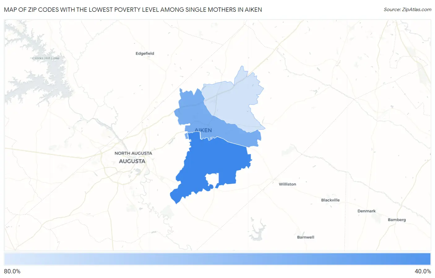 Zip Codes with the Lowest Poverty Level Among Single Mothers in Aiken Map