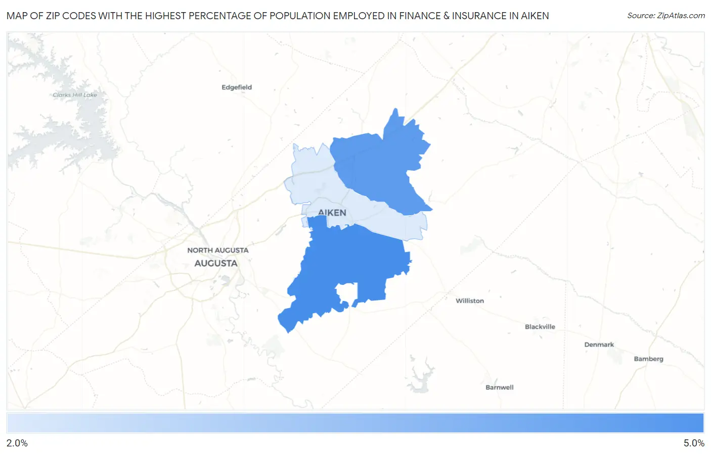 Zip Codes with the Highest Percentage of Population Employed in Finance & Insurance in Aiken Map
