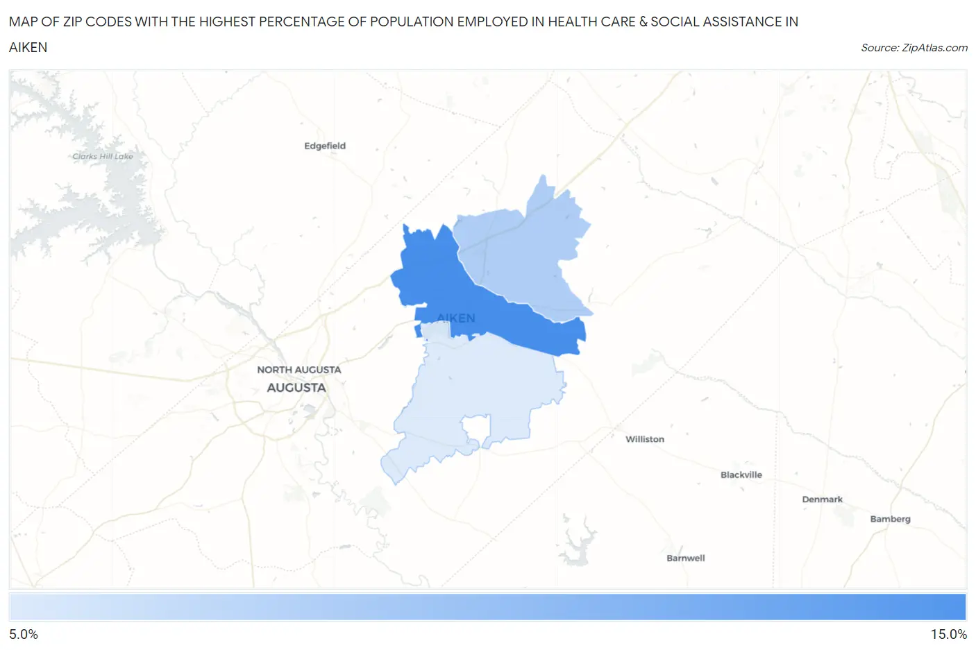Zip Codes with the Highest Percentage of Population Employed in Health Care & Social Assistance in Aiken Map