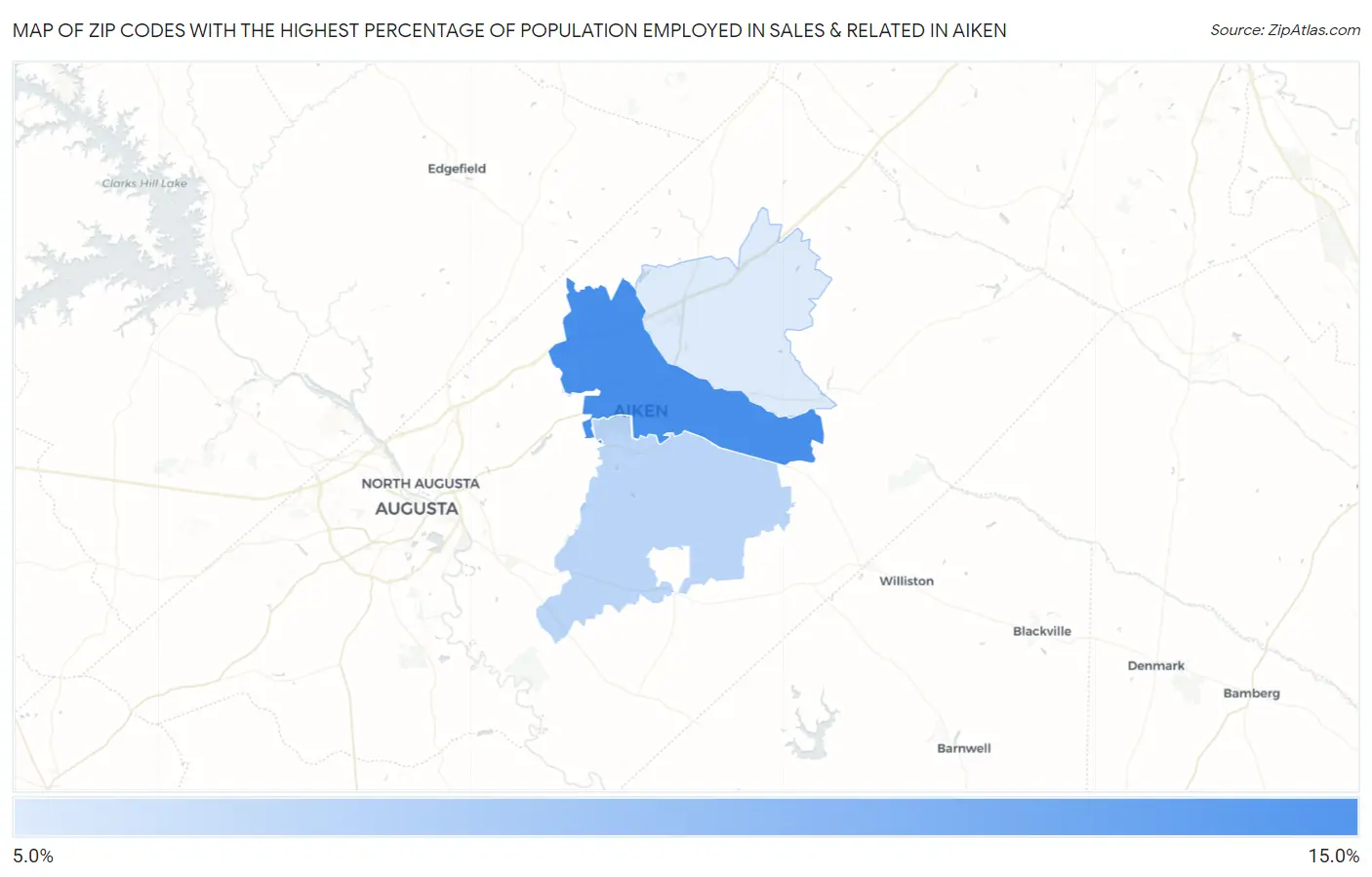 Zip Codes with the Highest Percentage of Population Employed in Sales & Related in Aiken Map