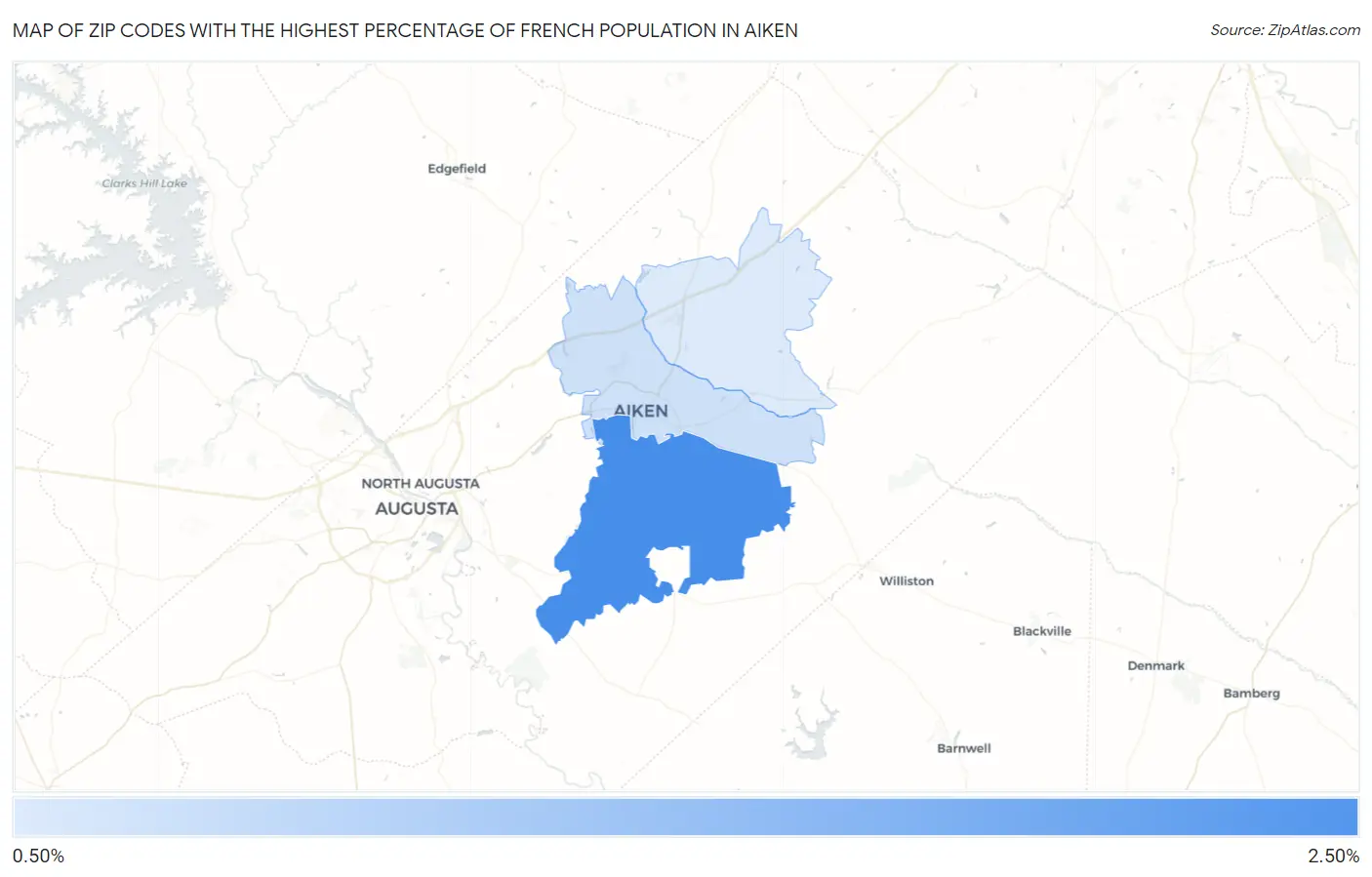 Zip Codes with the Highest Percentage of French Population in Aiken Map