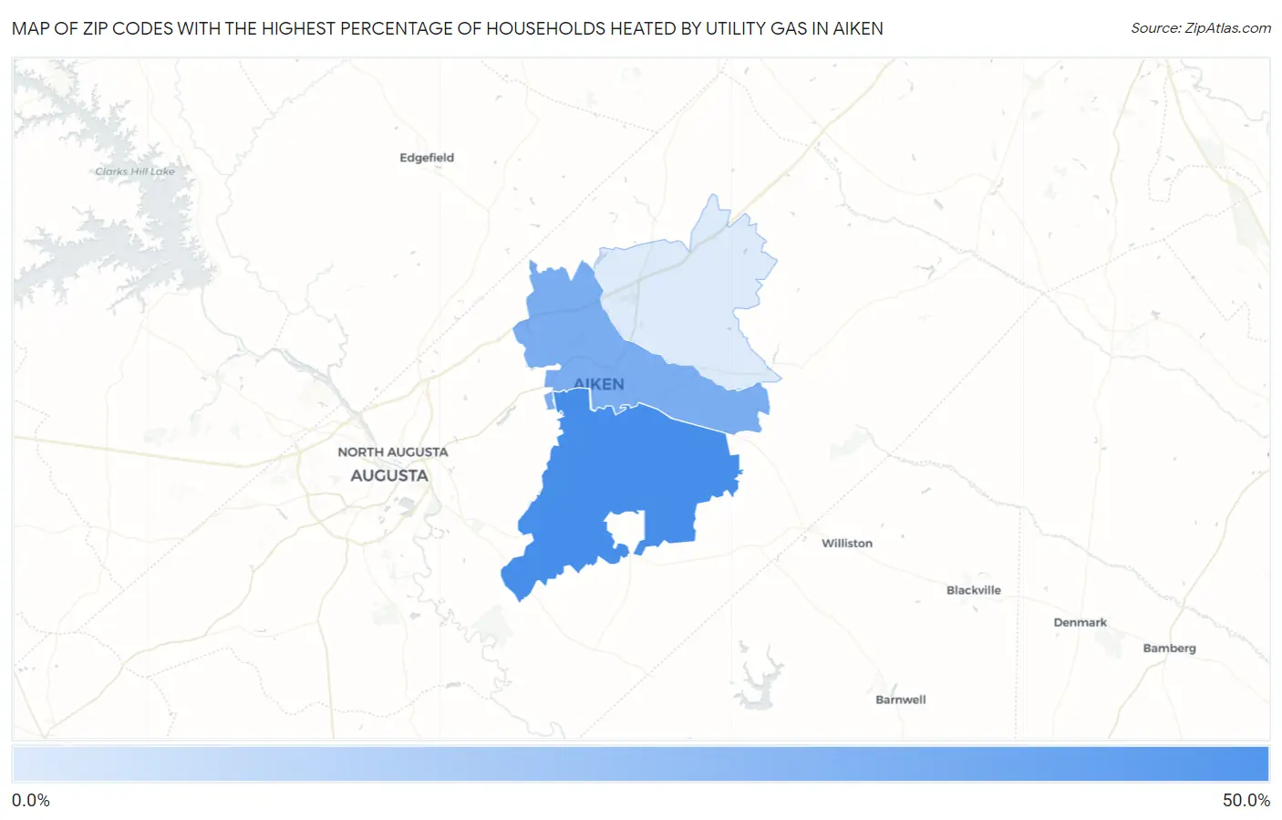 Zip Codes with the Highest Percentage of Households Heated by Utility Gas in Aiken Map