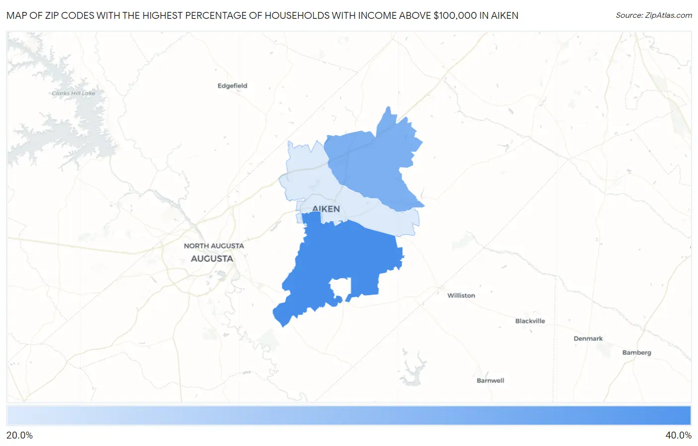 Zip Codes with the Highest Percentage of Households with Income Above $100,000 in Aiken Map