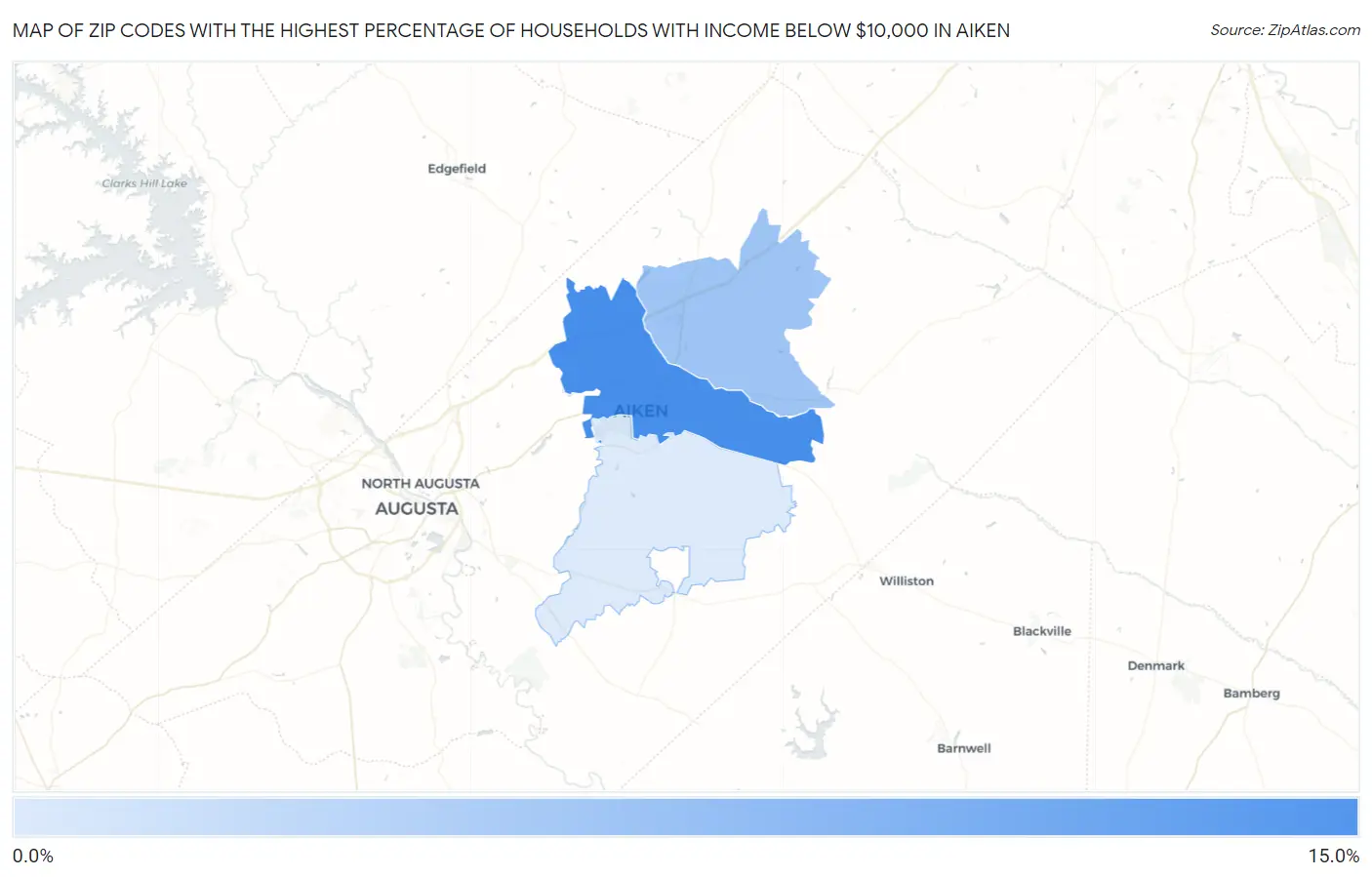 Zip Codes with the Highest Percentage of Households with Income Below $10,000 in Aiken Map