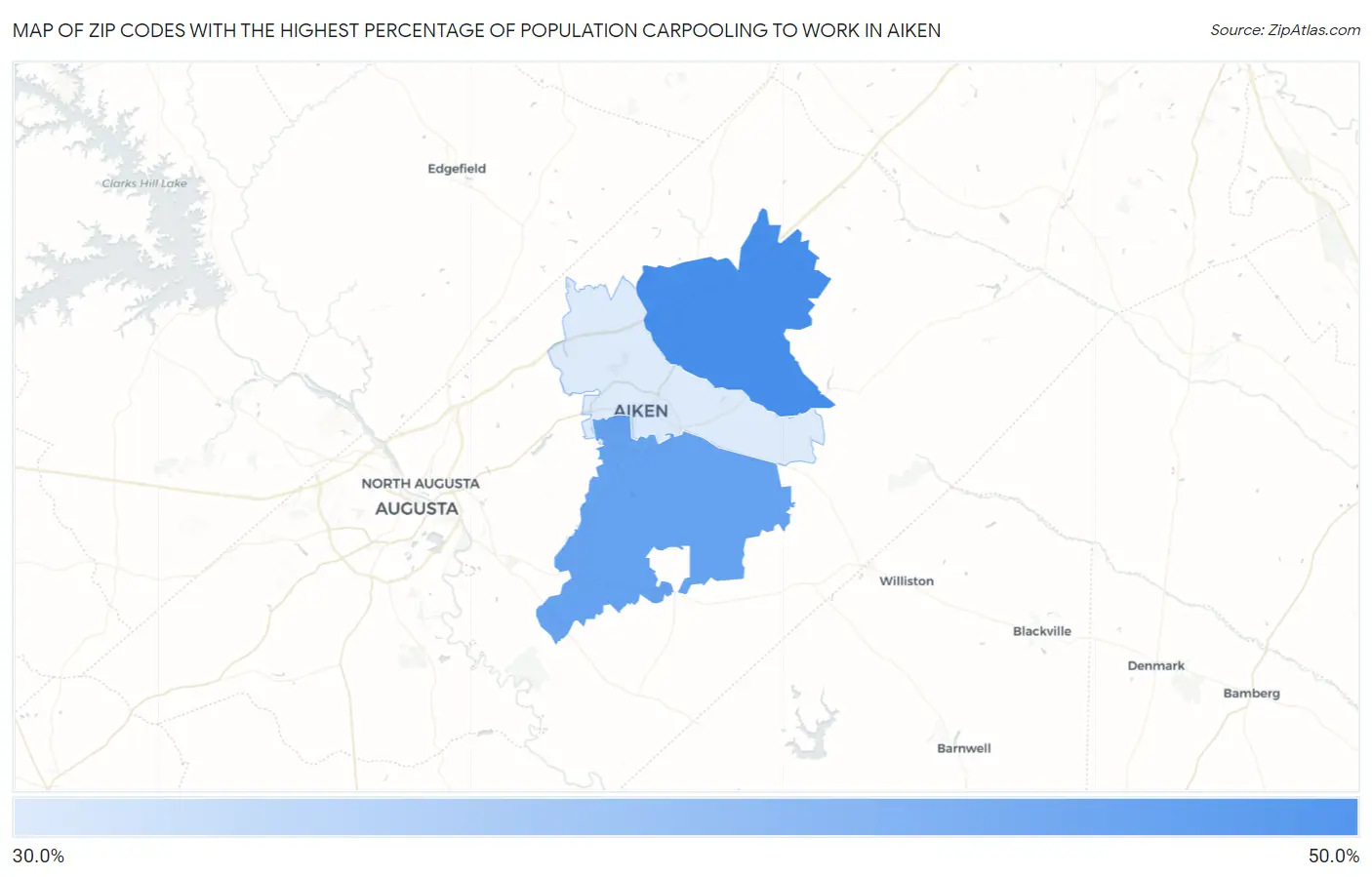 Zip Codes with the Highest Percentage of Population Carpooling to Work in Aiken Map