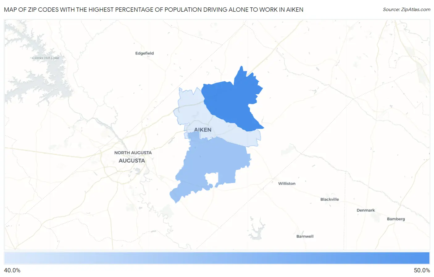 Zip Codes with the Highest Percentage of Population Driving Alone to Work in Aiken Map