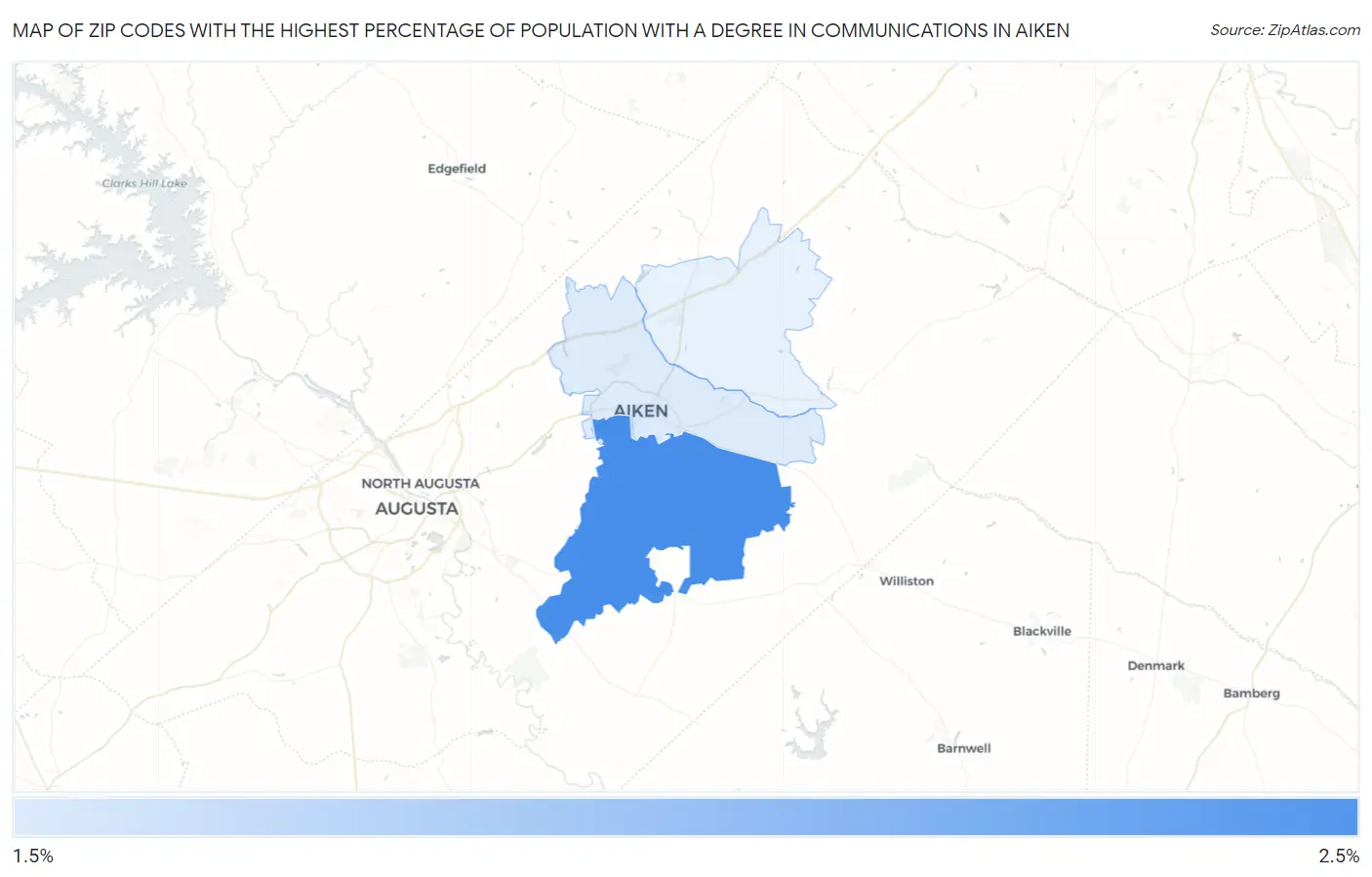 Zip Codes with the Highest Percentage of Population with a Degree in Communications in Aiken Map