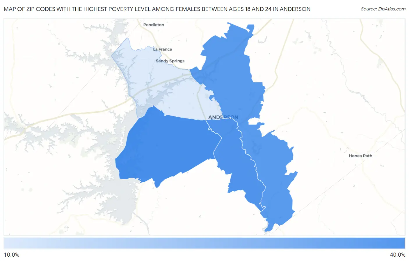 Zip Codes with the Highest Poverty Level Among Females Between Ages 18 and 24 in Anderson Map