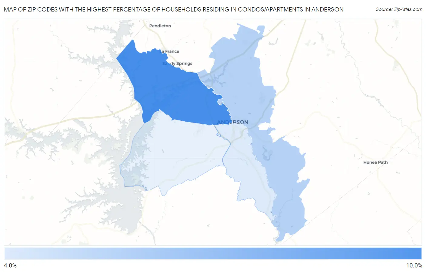 Zip Codes with the Highest Percentage of Households Residing in Condos/Apartments in Anderson Map