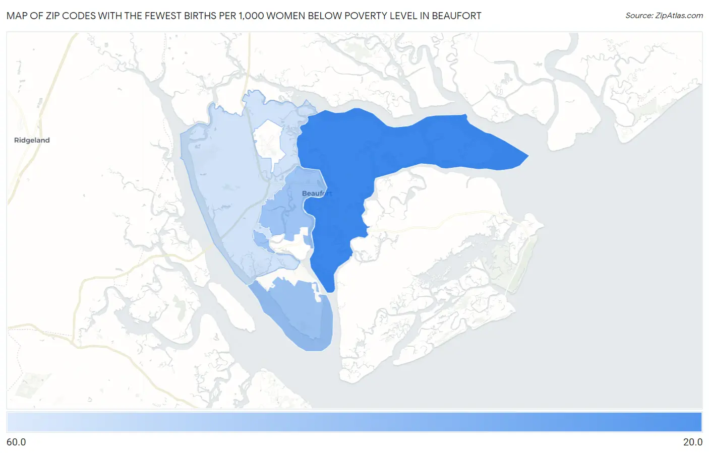 Zip Codes with the Fewest Births per 1,000 Women Below Poverty Level in Beaufort Map