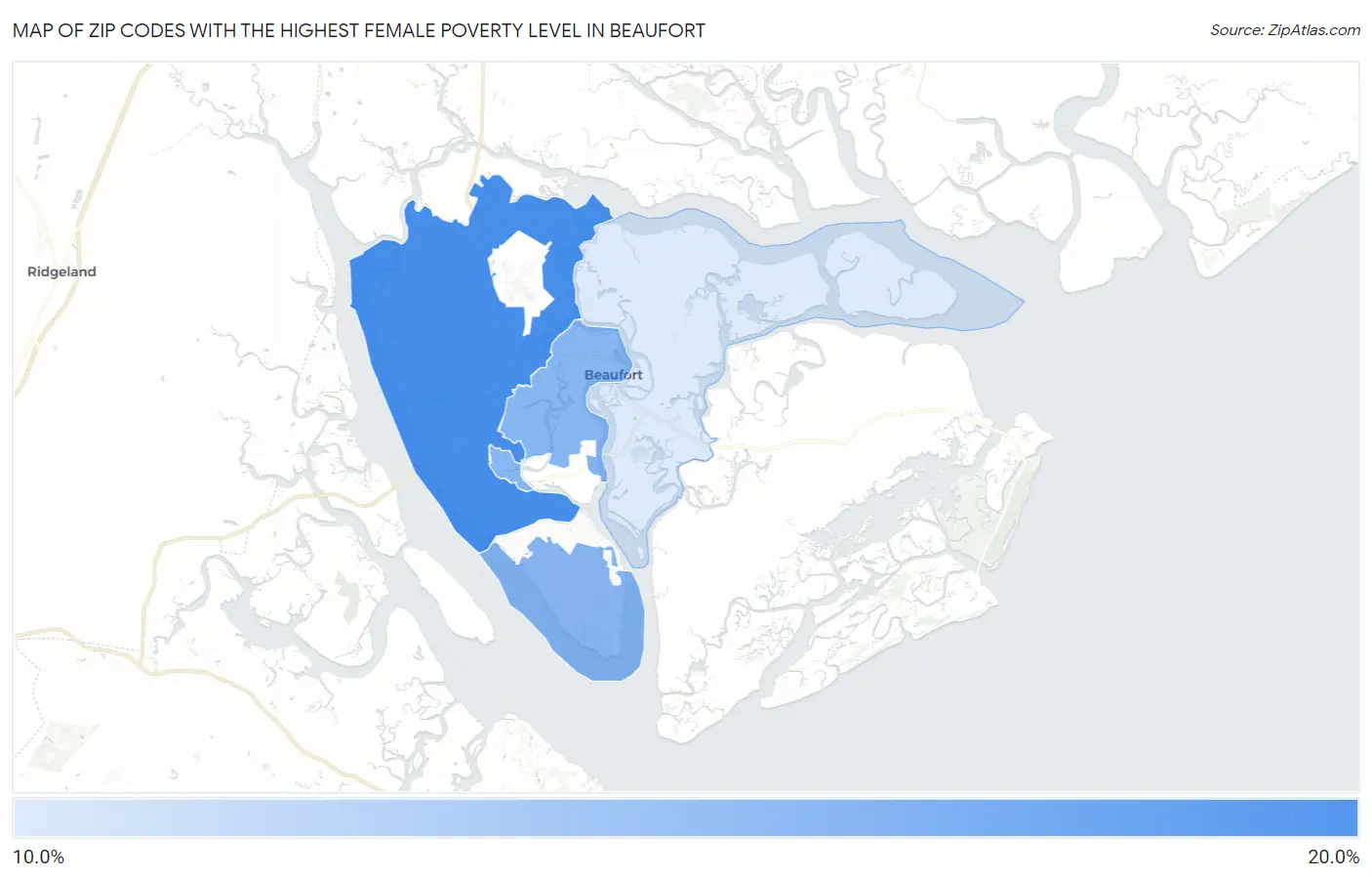 Zip Codes with the Highest Female Poverty Level in Beaufort Map