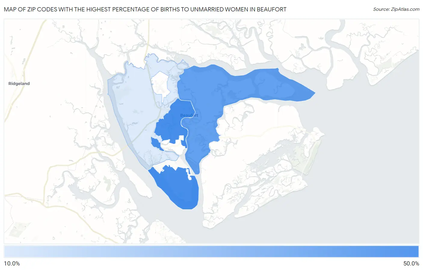 Zip Codes with the Highest Percentage of Births to Unmarried Women in Beaufort Map