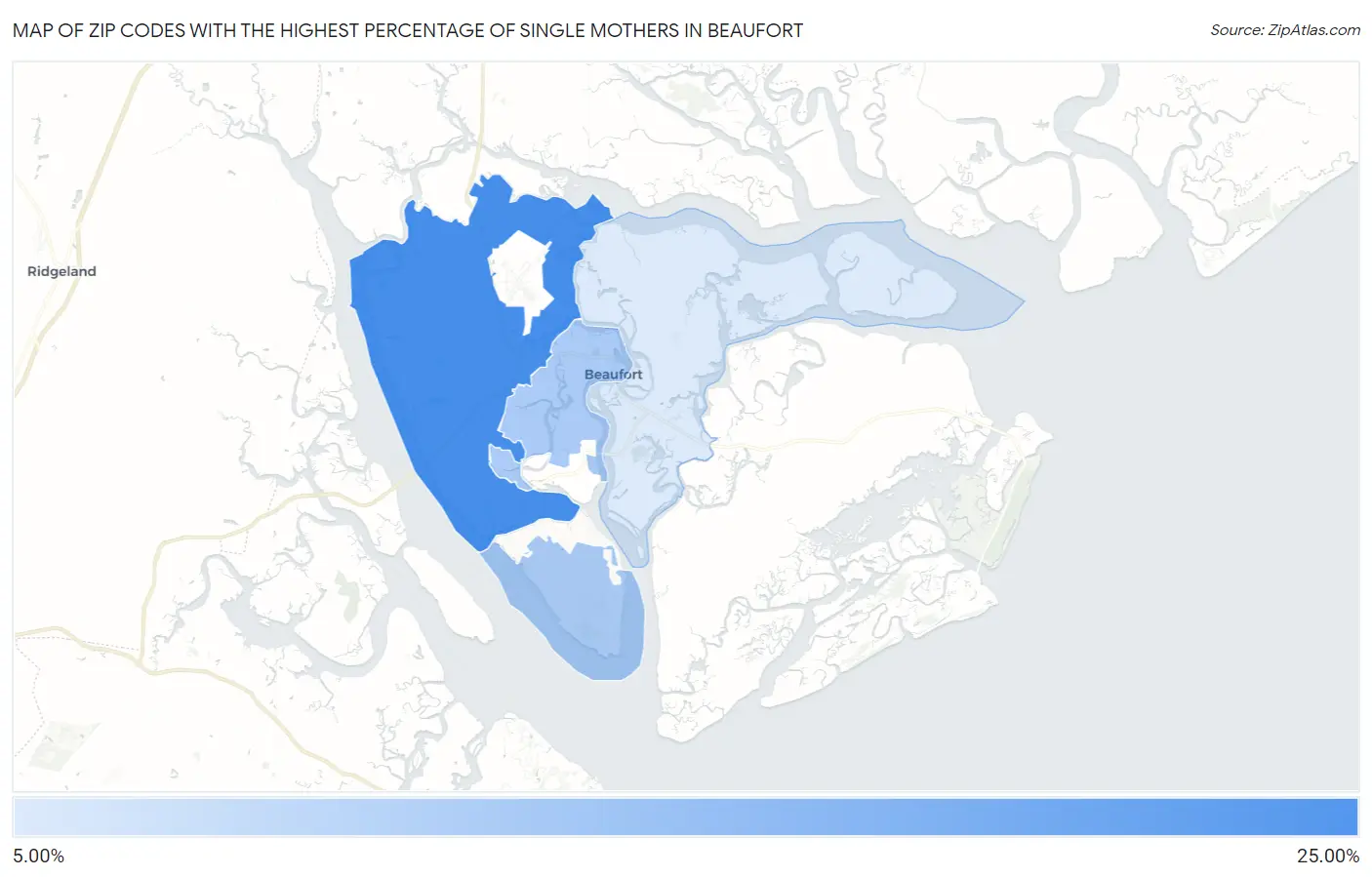 Zip Codes with the Highest Percentage of Single Mothers in Beaufort Map