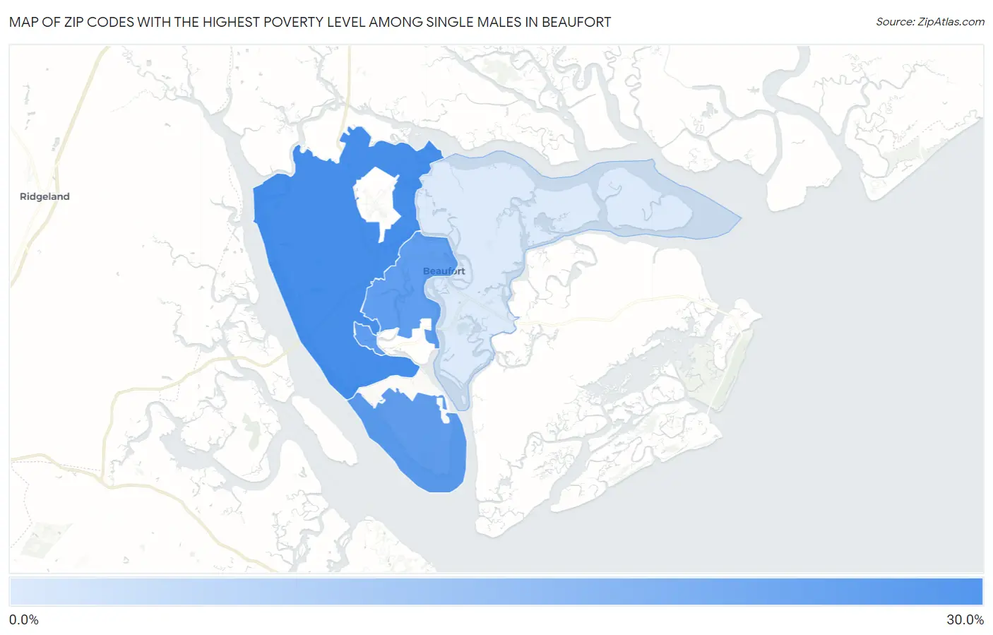 Zip Codes with the Highest Poverty Level Among Single Males in Beaufort Map