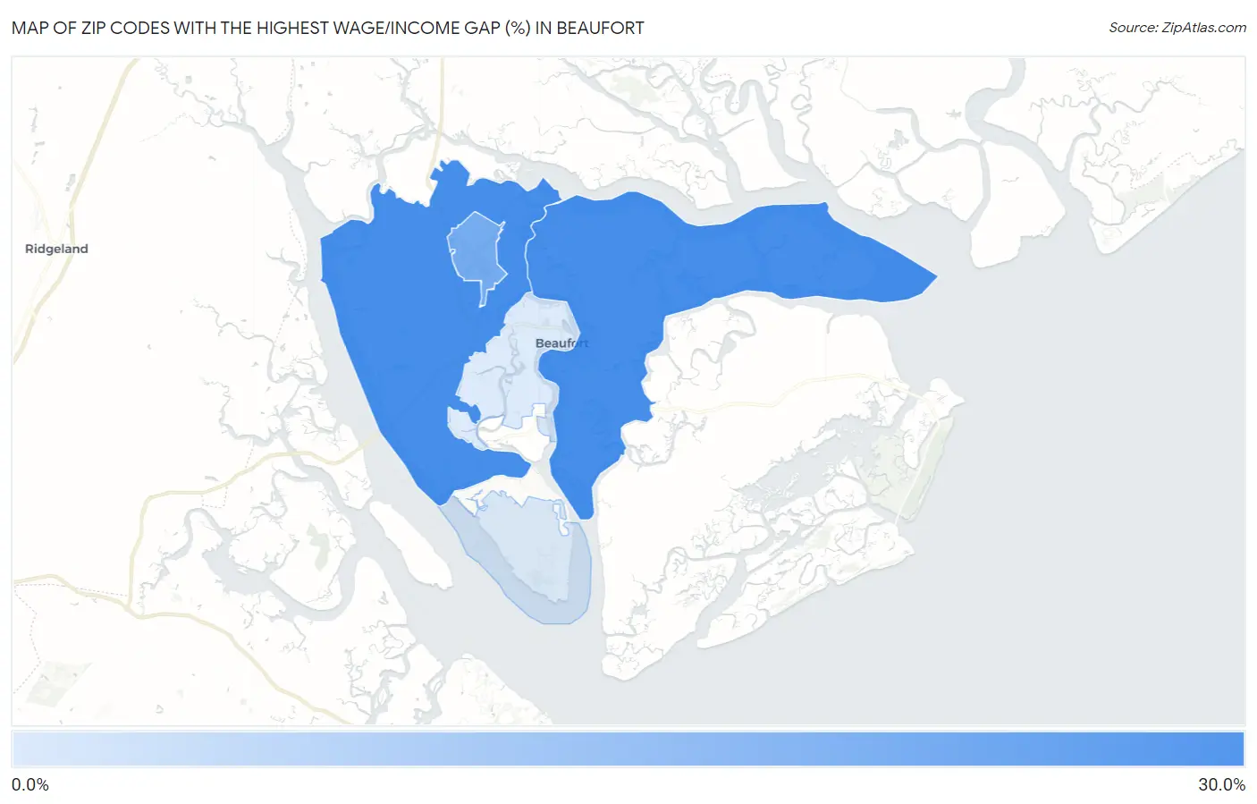 Zip Codes with the Highest Wage/Income Gap (%) in Beaufort Map