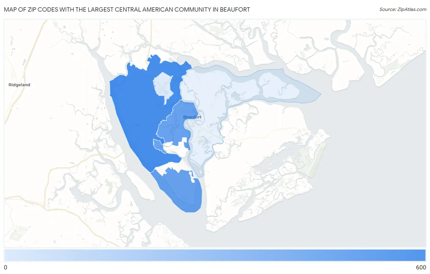 Zip Codes with the Largest Central American Community in Beaufort Map