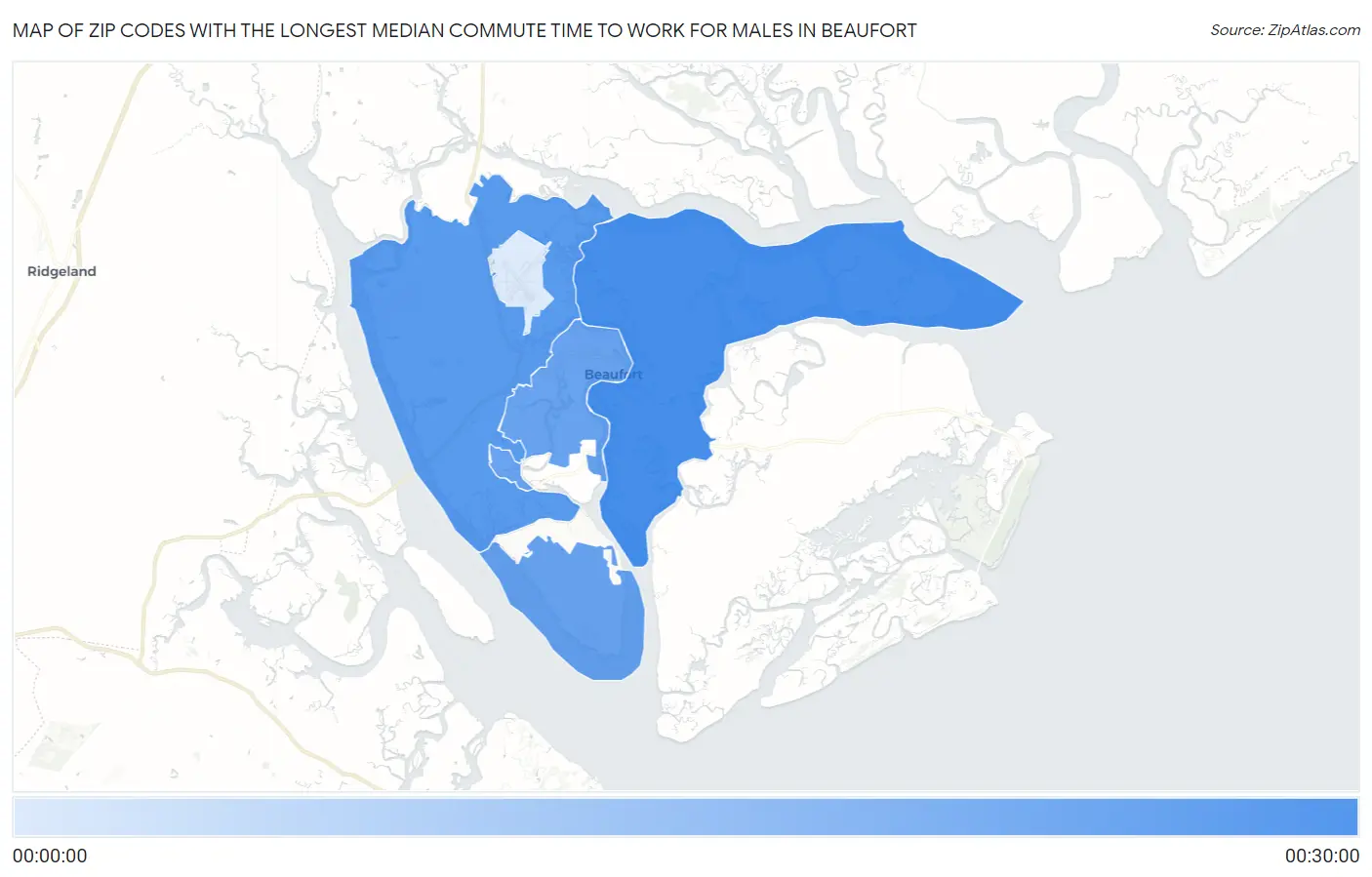 Zip Codes with the Longest Median Commute Time to Work for Males in Beaufort Map
